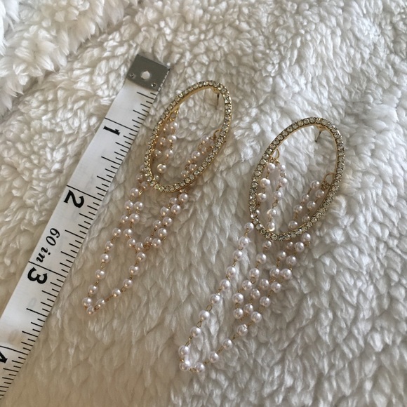 Oval Hoop Pearl Strands Drop Rhinestone Earrings - Picture 11 of 11